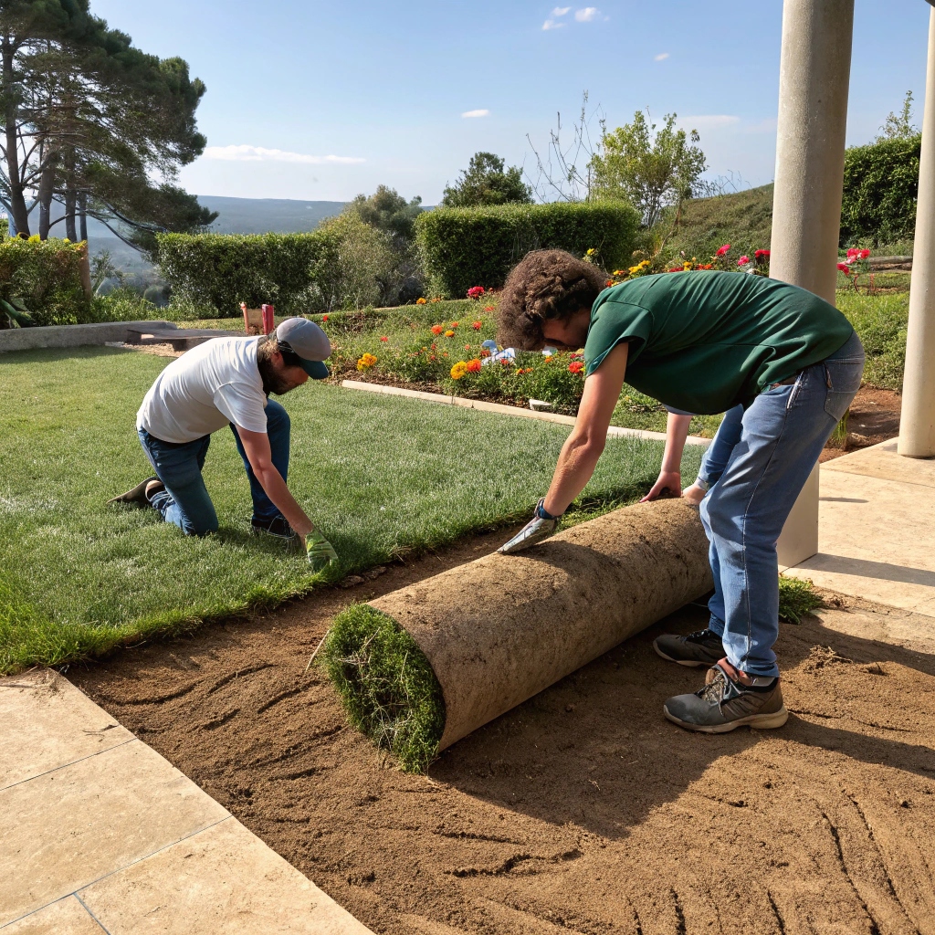 2 personas trabajando en un jardin colocando un ro